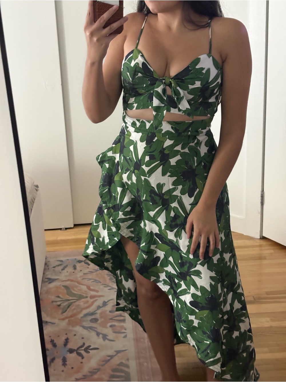 Green Leaf Print Tie-Front Midi Dress Set
